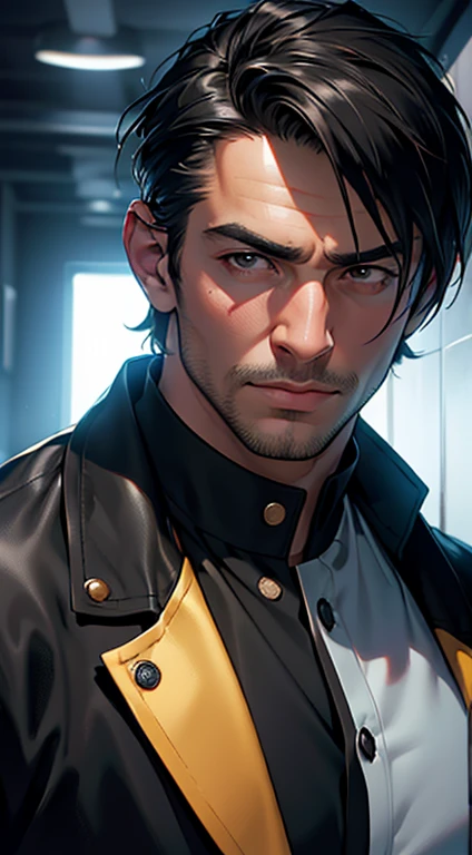 (best quality, masterpiece, 8K, photorealistic, cinematic lighting, hdr image, ultra detailed, beautiful image), a mature man, very handsome, serious, short black hair, black eyes, perfect face without errors, ((buttoning the jacket, CEO))