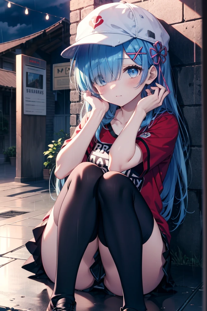 rezeroRem, Rem, blue eyes, Blue Hair, hair ornaments, Hair on one eye, hair ribbon, Long Hair, x hair ornaments,Baseball cap,Riders jacket　Open front,red v neck t shirt,mini skirt,Black knee socks,short boots,Sitting leaning against a wall,rain,Cloudy,Hiding under a roof,whole bodyがイラストに入るように,
break outdoors, Alley,
break looking at viewer, whole body,
break (masterpiece:1.2), Highest quality, High resolution, unity 8k wallpaper, (figure:0.8), (Beautiful attention to detail:1.6), extRemely detailed face, Perfect lighting, extRemely detailed CG, (Perfect hands, Perfect Anatomy),