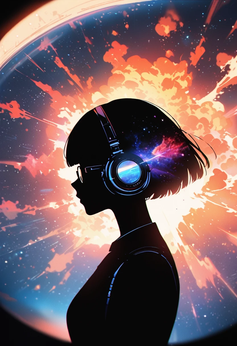 silhouette of a woman in profile.(super very short hair:1.3), blunt bangs, (((underrim glasses:1.3))), (headphones:1.3), Inside the silhouette you can see the double exposure with a deep space, universe, supernova explosion, masterpiece, ((double exposure)), proportional.