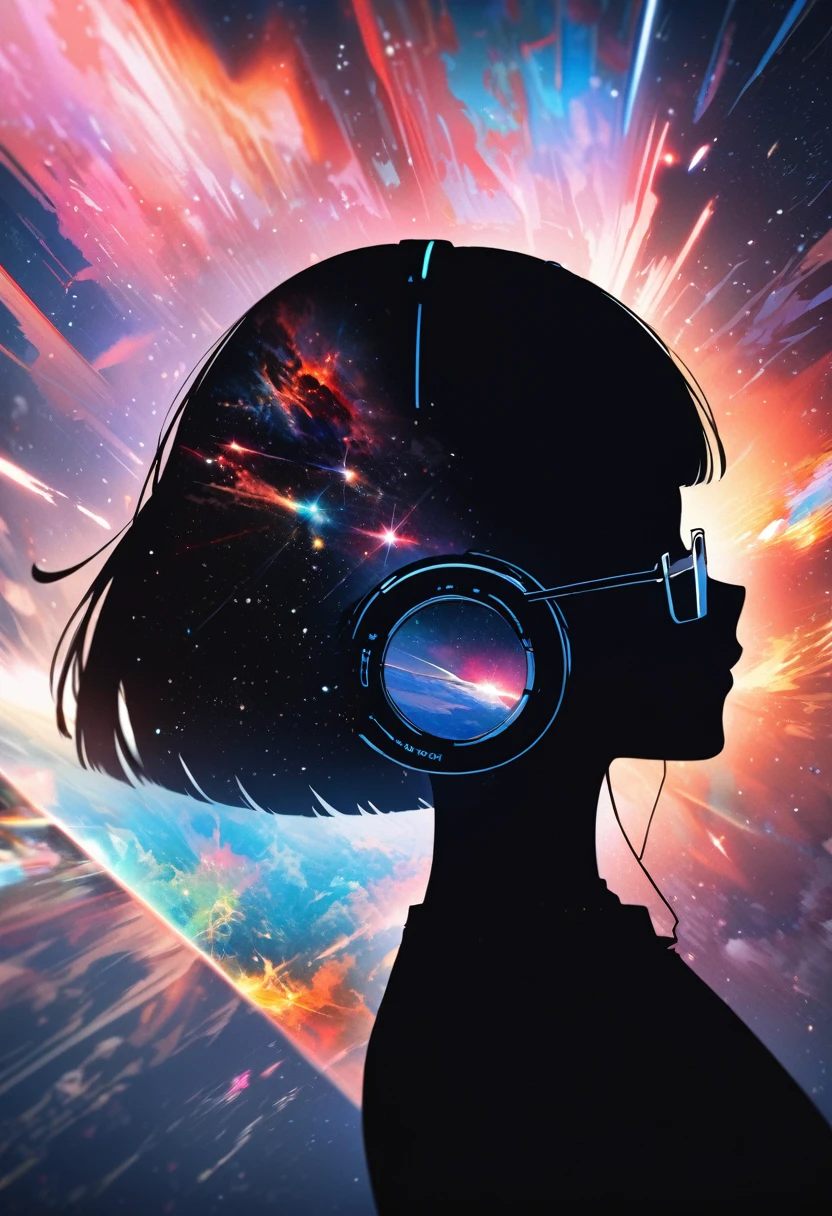 silhouette of a woman in profile.(super very short hair:1.3), blunt bangs, (((underrim glasses:1.3))), (headphones:1.3), Inside the silhouette you can see the double exposure with a deep space, universe, supernova explosion, masterpiece, ((double exposure)), proportional.