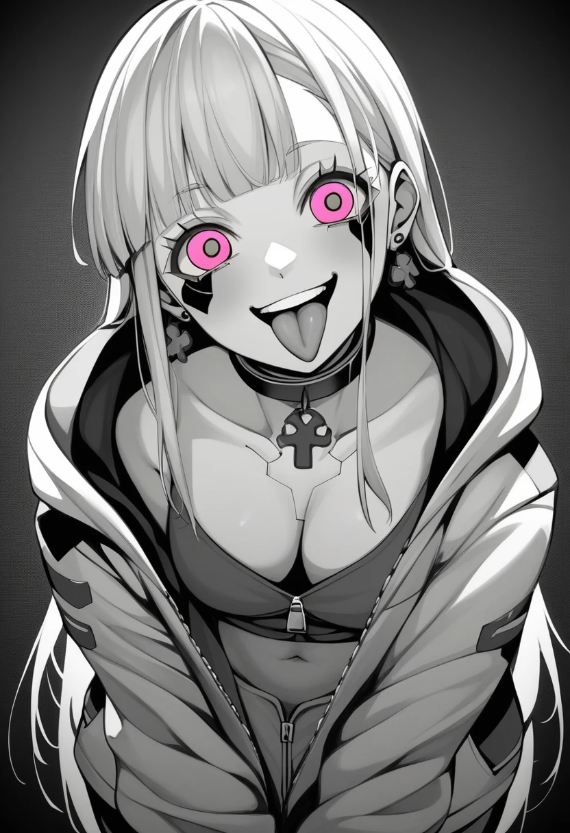 (masterpiece:1.2)、Highest quality、PIXIV、Rebellious girl、One girl、Open your mouth、鋭いteeth、teeth、Long Hair、Street background、gem、badge、ボタンbadge、Food、Pink Eyes、Earrings、Jacket、eyelash、Foodを下にして、star (symbol)、Upper Body、Characters in clothes、zipper、collar、cable、chain、tongue、Stickers、hoodie、smile、spike、Focus on the viewer、長いtongue、Chest in the center、Shoulder Bare、Belly button、Black and white hair color,leaning forward,Cyberpunk city,Night view,Black and white grey outfit