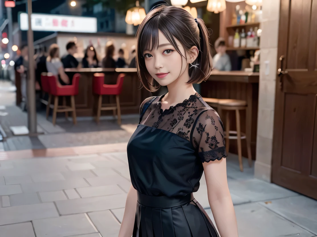 (Highest quality, masterpiece, Ultra-high resolution, 8K, RAW Photos, Realistic, Anatomically correct:1.5),  20-year-old girl:1.2, Embarrassing, avert your eyes, blush:1.0, View Viewer, ((bar)) 、Night view、 Light:1.2, Bokeh, Cinema Lighting:1.0, Depth of written boundary, sharp、 Cute face、Idol、Black short sleeve lace top、Black pleated skirt、Black clothing、”dwarf”、(Floral clothes)、Full Body Shot、Side angle、Cowboy Shot、 smile、(Ultra short hair、Short ponytail)、(Straight bangs)、((See-through))、(( One Girl))、
