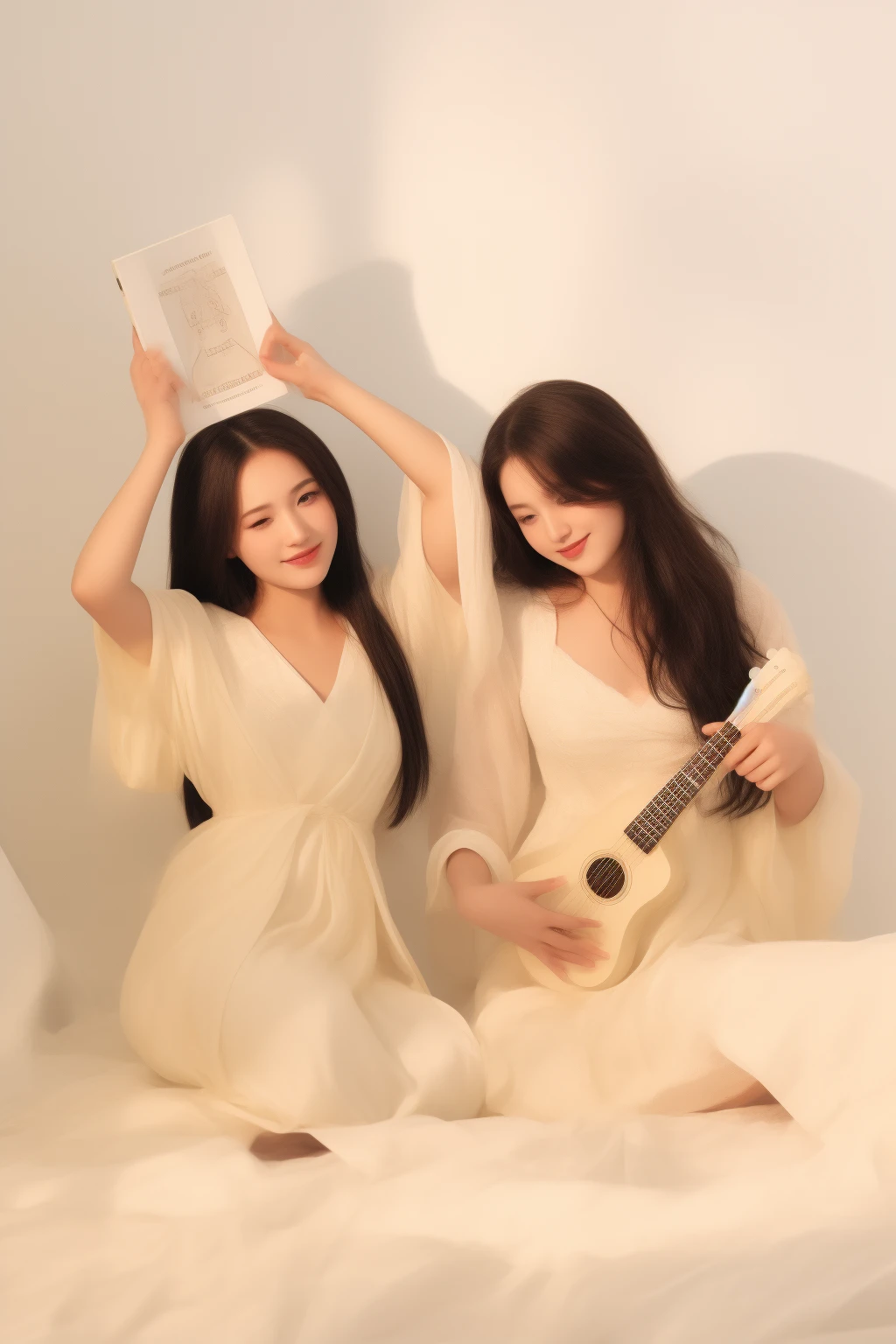 they are two women sitting on a bed holding up a book, angels in white gauze dresses, wearing white silk robe, portrait shot, in white clothes, #oc, # oc, perfume, wearing a nightgown, two models in the frame, wearing simple robes, flowing white robes, wearing white pajamas, wearing a luxurious silk robe, eeri, silk robes