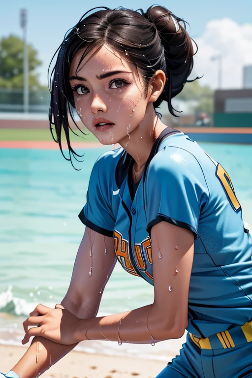 (Highest quality,8K,High resolution,Masseter muscle area:1.2),Super detailed,Realistic:1.37,Portraiture,Dynamic Angle,Women's Softball Players,Teenage Girl,Small Head,cute,sporty,Attractive face,Beautiful face with attention to detail,Extremely realistic skin,Wet Skin,Sweat,Large Breasts,Tight waist,Beautiful legs ,sporty,Softball Venues,Cinema Lighting,hot pants, head to feet