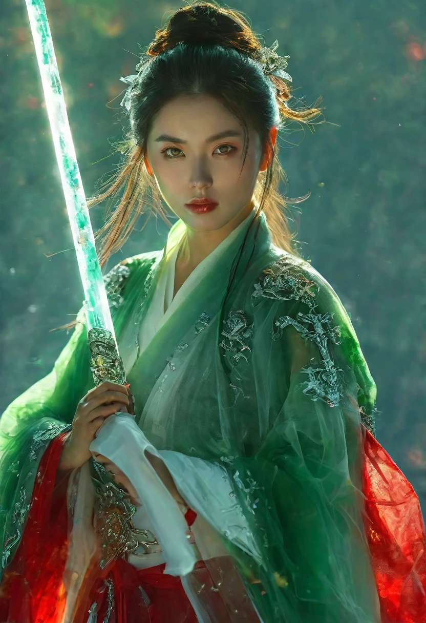 1beautiful girl (Supermodel),  Axisymmetric compositiotomically correct，solo，female swordman，Hold the hilt of a sword in your hand，Each hand holds a sword handle，ruby sword，jade sowrd,  blade glows，front view, close-up， ((Best quality)), ((Masterpiece)), ((Realistic))，UHD，