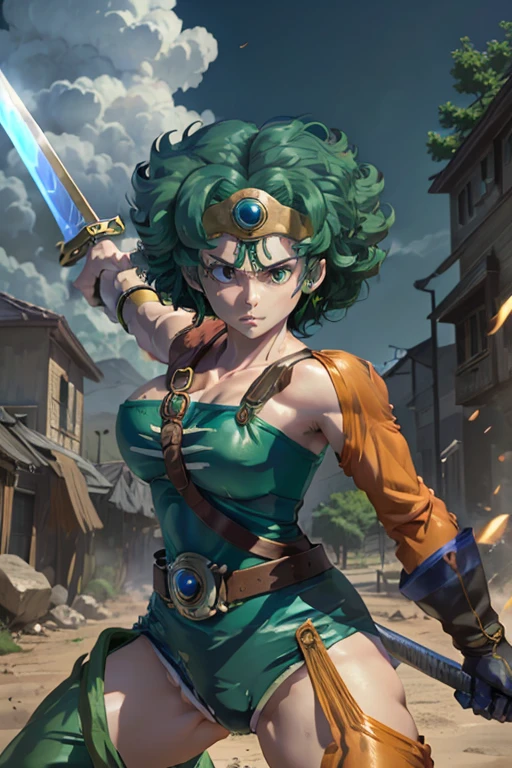 Anime Artwork Anime Artwork Masterpiece,Highest quality, Unreal Engine, Ultra-high resolution, Very detailed丸い胸, 1 person with medium chest, Waist, thin,(Muscular:0.9)
e,
Circlet, Curly Hair, Green Hair, short hair, Asymmetrical clothing, leotard, belt, One-handed gloves, Single Sleeve, Single Thigh High Cave, Holding a sword, . Anime Style, Key Visual, Vibrant, Studio Anime, Very detailed、Get down on one knee、Crippling、Hurt、Coming under attack、Enduring the pain