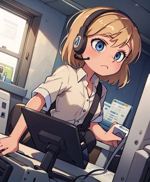 riley andersen, (1 girl), working in a call center, Blonde, blue eyes, short hair,