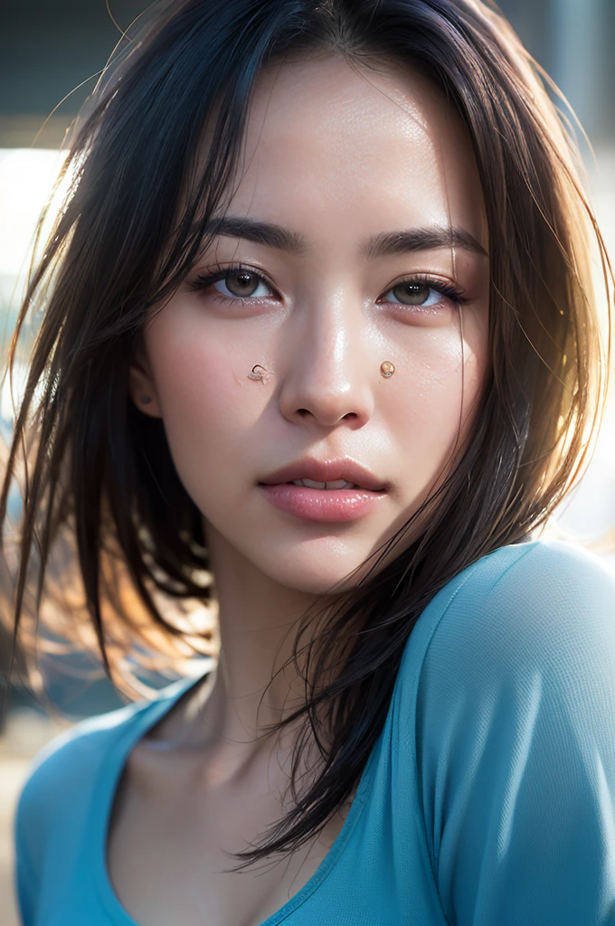 Dressed, (photo Realistic:1.4), (hyper Realistic:1.4), (Realistic:1.3),
(Smoother lighting:1.05), (Improving the lighting quality of movies:0.9), 32k,
One girl,20 year old girl, Realistic lighting, Backlight, Light on the face, Ray-tracing, (Bright light:1.2), (Improvement of quality:1.4),
(Highest quality real texture skins:1.4), Detailed drawn eyes, Detailed painted face,
(tired and sleepy and joy), (smile:0), Face close-up, T-Shirts,
(Enhance the mood of your body line:1.1), (Enhances the beauty of skin texture:1.1)