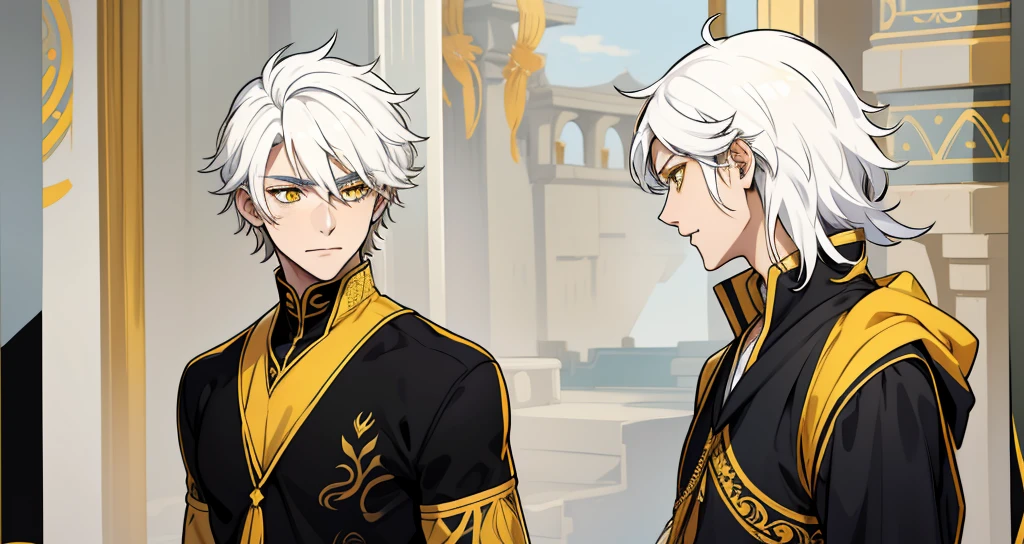 two demigods with white hair, yellow eyes, suits, black tunics with yellow and golden jewelry, they are talking, they are approaching, they are talking about a secret, they are looking at each other.
