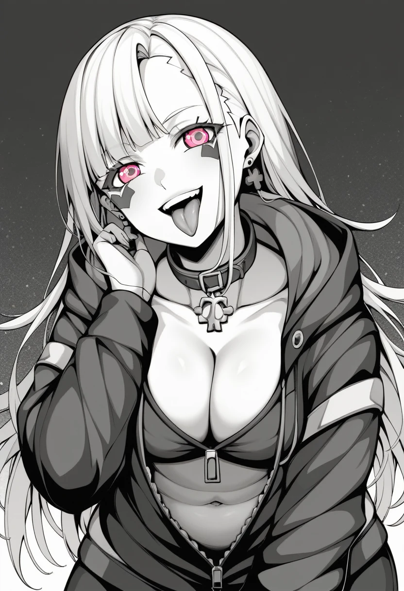 (masterpiece:1.2)、Highest quality、PIXIV、Rebellious girl、One girl、Open your mouth、鋭いteeth、teeth、Long Hair、Street background、gem、badge、ボタンbadge、Food、Pink Eyes、Earrings、Jacket、eyelash、Foodを下にして、star (symbol)、Upper Body、Characters in clothes、zipper、collar、cable、chain、tongue、Stickers、hoodie、smile、spike、Focus on the viewer、長いtongue、Chest in the center、Shoulder Bare、Belly button、Black and white hair color,leaning forward,Cyberpunk city,Night view,Black and white grey outfit