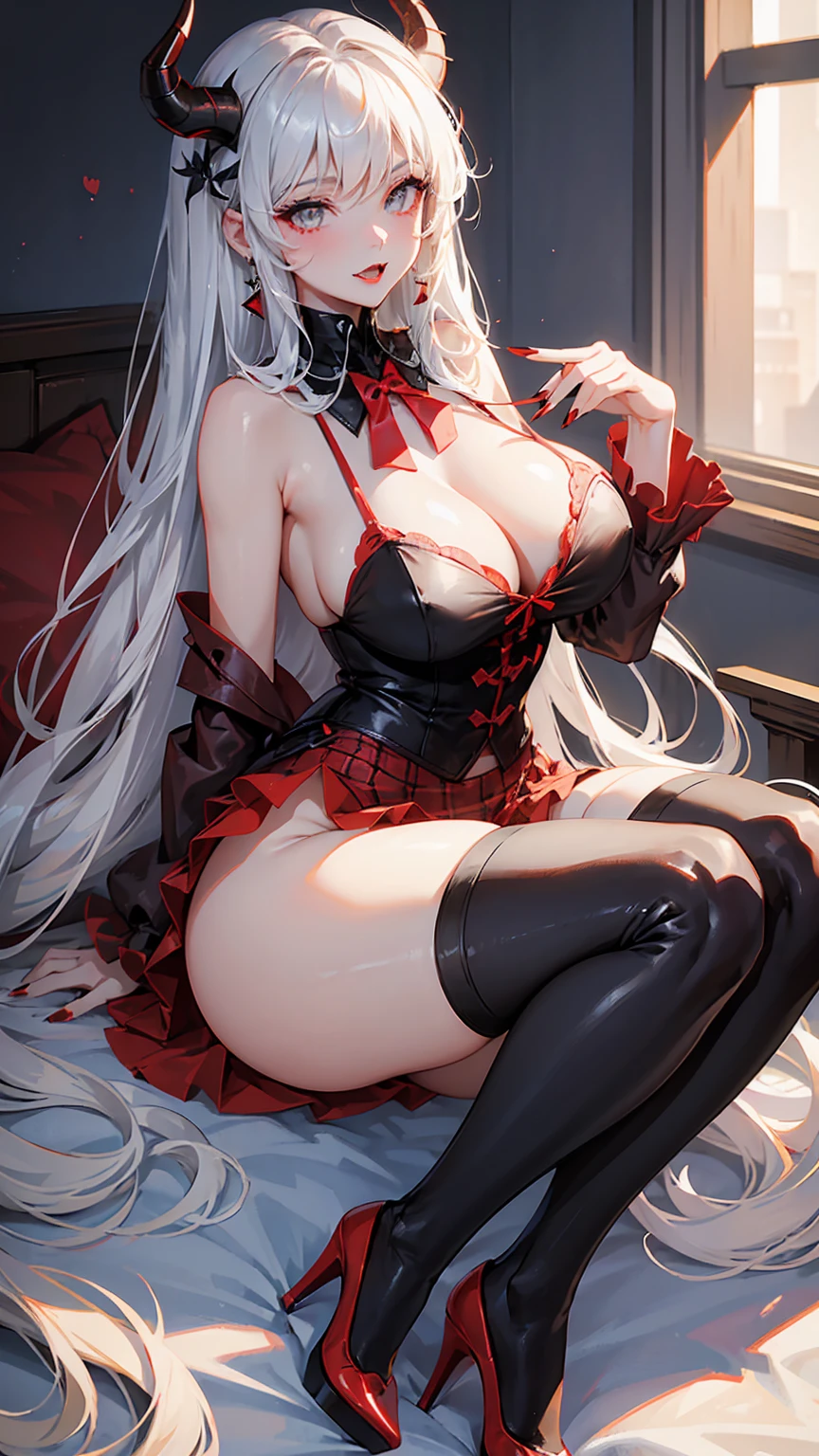 1Woman milf “"Giant breasts" + "large rear" + "wide hips" + " tiny waist" + "plump thighs" + "gray eyes" + "Long black color Hair" + "Red Lips" + "Lucious Lips"”)}, {“Outfit”: big red pointed horns, fangs, black top, red skirt, red pointed nails, black high heels, Reddish lace bow on the thigh
