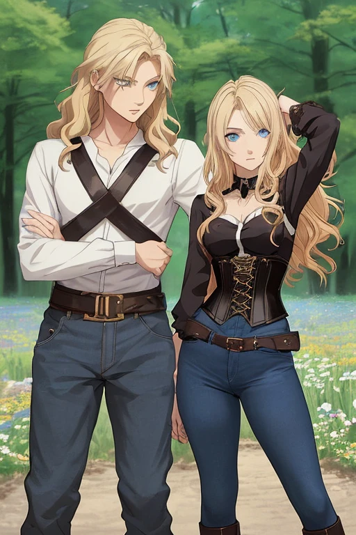 Anime style scene with a 21-year-old female character with a mature face, arching her back, and an adolescent boy standing behind her, looking at her. The woman has long, waist-length, wavy blond hair, V bangs, and blue eyes, wearing a white blouse with a chocolate-colored corset over it, skinny tight blue jeans, and high boots. The boy has short dark hair, a slim build, and is wearing casual clothes. They are in a vibrant spring field at midday, with the boy's gaze focused on the woman, creating a dynamic and intriguing atmosphere.