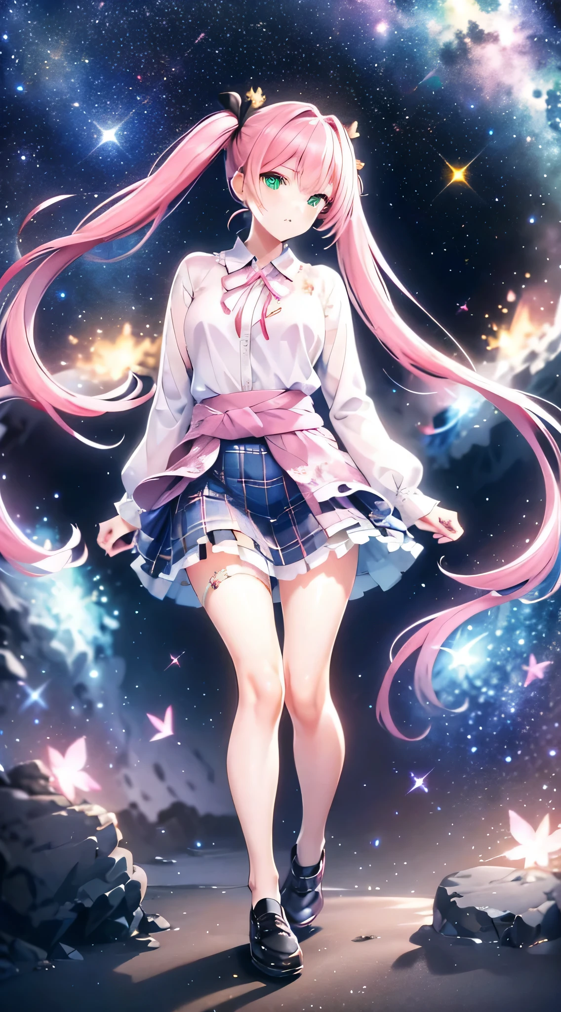 High detail, Super detailed, Ultra-high resolution, A girl having fun in a dreamlike galaxy, Surrounded by stars, The warm light that shines on her, Starry background with colorful galaxies and galactic clouds, The stars fly around her, Add a playful touch ,(((Pink long hair)))、(((Half Twin Tail)))、独奏、Green Eyes、skirt、(((long back hair)))、shirt、shoes、(Blue waistband)、White shirt、Plaid skirt、Plaid、sleevesa rolled up、chest、Collared shirt、ribbon、Knee-high、bangs、shoes、(Brown skirt)、Red ribbon、(Brown pleated skirt)、Mouth closed、Neck ribbon、Medium breast