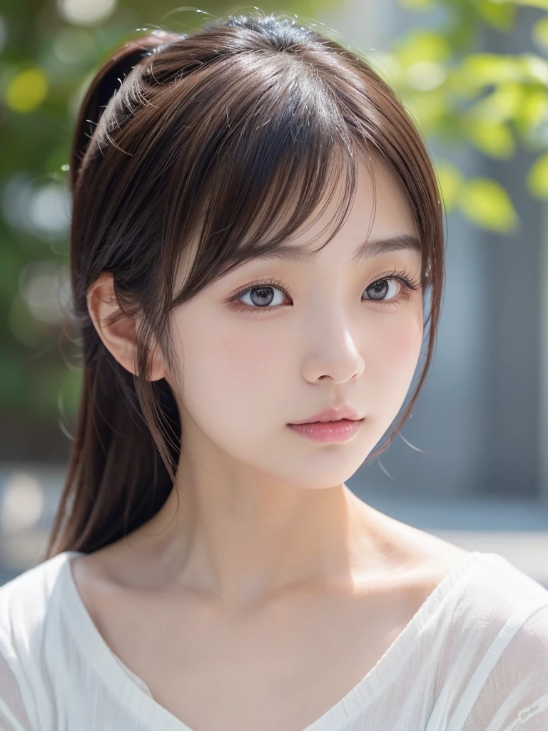 ((frontの顔、Face only、cute日本の女の子、Beautiful Japanese Girl、One girl、19 years old、ponytail、Highly detailed face and skin texture、Ultra detailed face、Ultra-detailed eyes、鬠红、blush、front、 cute、Highly detailed face and skin texture、Smooth white skin、Translucent skin texture、))、(Dark Brown Hair)、looking at the camera、Sharp Focus:1.2、Beautiful woman with perfect style:1.4、Japanese Model、((Highest quality、8K、masterpiece:1.5、1Photos))、(4K、RAW Photos、Highest quality)、Place people across the entire screen、Natural light、professional lighting、(Realistic、フォトRealistic:1.5)、