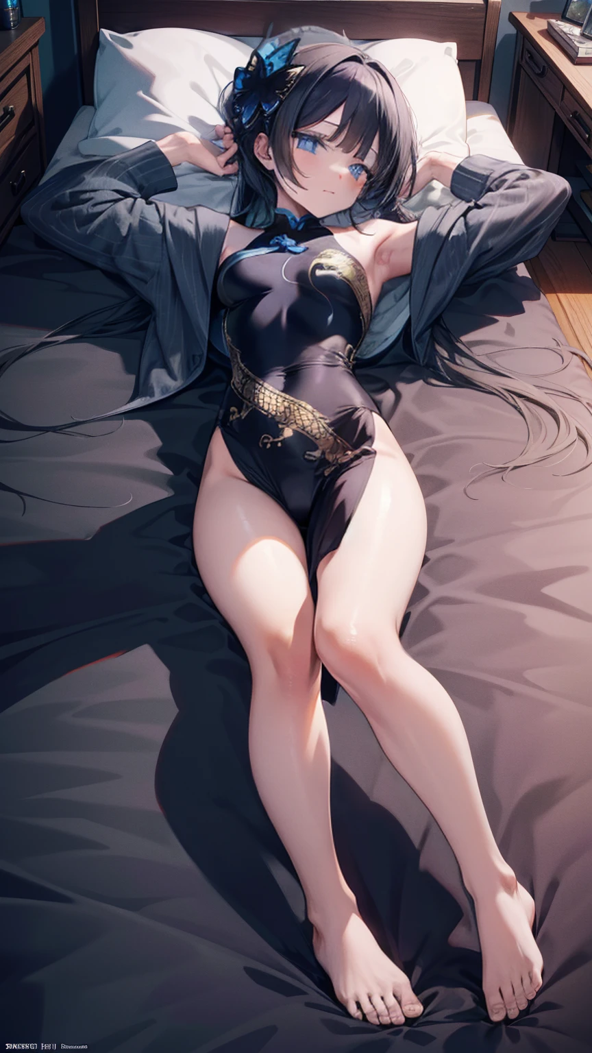 (Extremely detailed CG unified 8k wallpaper),(masterpiece), (Best quality), (Ultra Detailed), (Best Illustration),(The best shadow),Lying in bed,Raise your hands above your head,Arms behind the back of your head,Legs apart,Open your legs