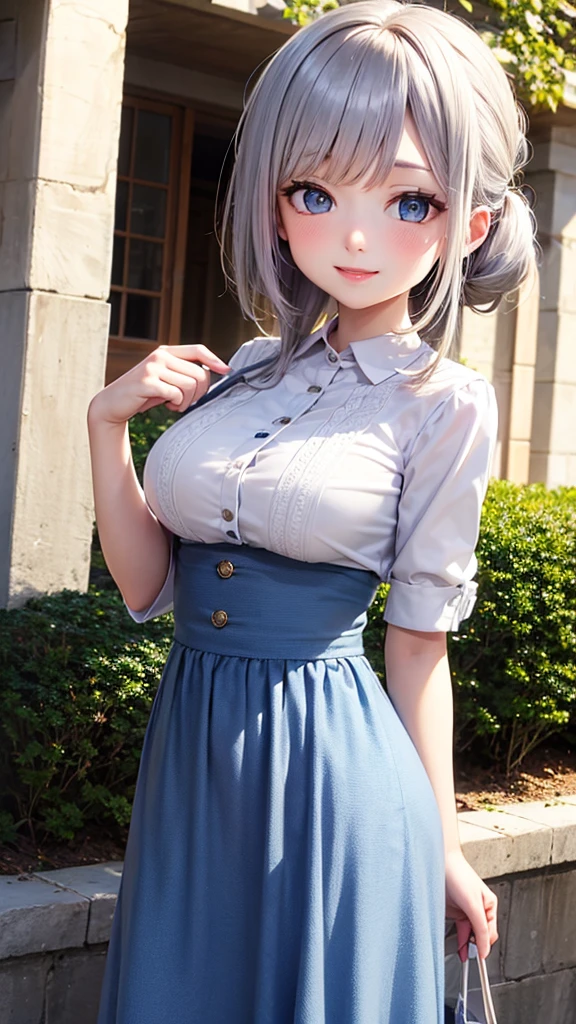 best quality, beautiful detailed eyes, 1girl, solo, silver hair, blue eyes, (loli), (low pony tail), midium breast, nose blush, smile, standing, outdoor, navy blue high-waist long skirt, white no-sleeve blouse,