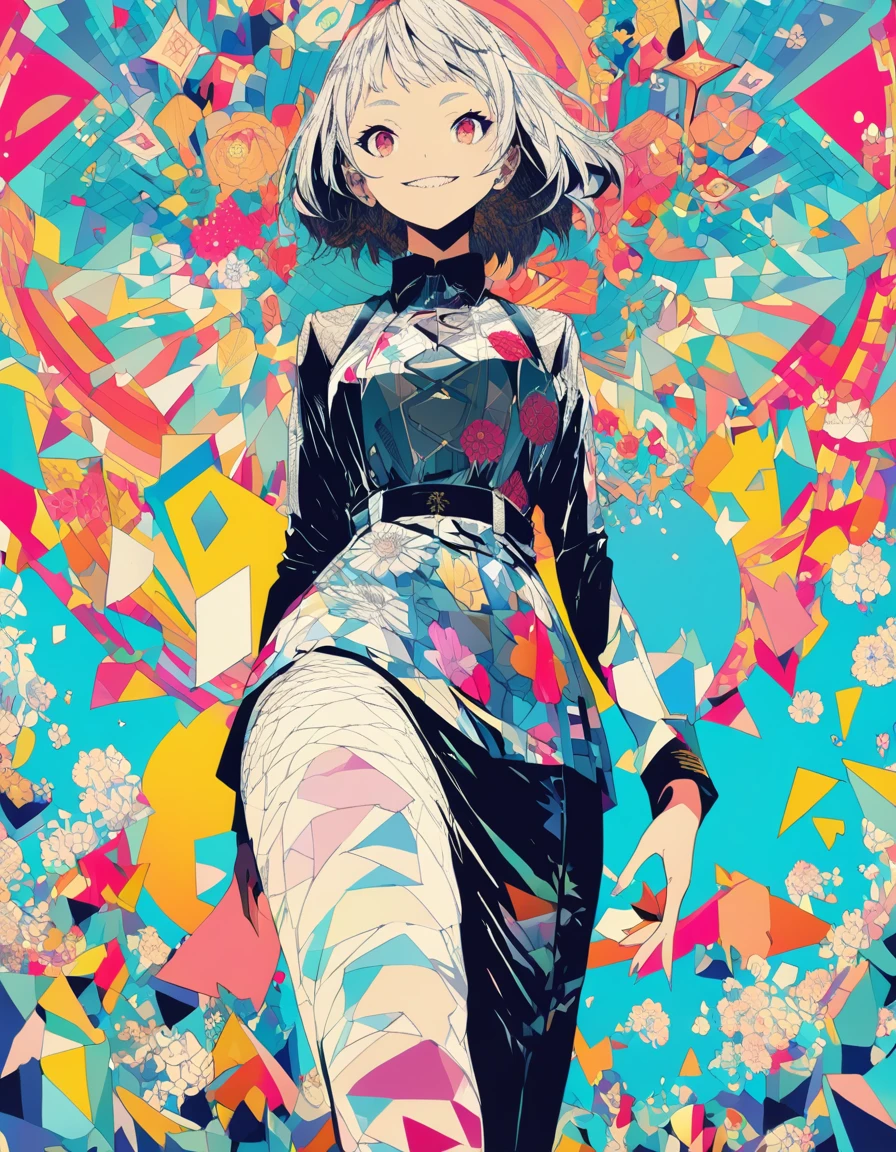 ultra-detailed:1.3, ultra delicate and detailed face:1.3, (absurdres, texture, masterpiece), from below, no outline, minimalism, pixiv contest winner, by Posuka Demizu, dynamic manga-style illustration of windbell devil with floral patterns is evil grin., It is made of translucent stained glassa, backdrop filled with ice cream and pop soda. The background is richly detailed with geometric shapes that add depth to their figure's presence. creating pop punk atmosphere. The background features bold colors and intricate fibonacci sequence designs that add to to the overall visual appeal. This artwork showcases vivid hues.