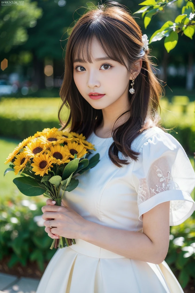 (masterpiece, best quality), outstanding details, ultra-high resolution,
anatomically correct, wide shot, atmospheric perspective,
1 Japanese woman, 30 years old, cute face,
cowboy shot, (Walking pose), (holding a sunflower, reaching out),
(Plump body, small breasts),
Happy smile, Mouth slightly open, looking at viewer, animated expression,
round face, tareme, Downturned Eyes, pupils sparkling, small nose, thin lips, thin eyebrows,
brown hair, low ponytail, short hair, swept bangs,
wearing glasse,
(wearing a shoulderless dress, The dress is white with a gradation of colors from white to navy blue, The material of the dress is thin, transparent, and smooth),
(background: Serene riverside with blossoming wildflowers)
depth of field, backlighting, cinematic lighting, reflection light, dreamy atmosphere,