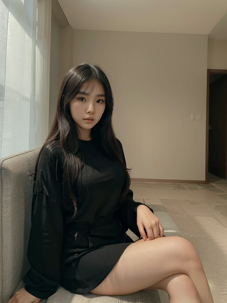 there is a woman sitting in a chair in a room, korean girl, sitting in a lounge, gorgeous young korean woman, beautiful south korean woman, taken in 2 0 2 0, 8k)), sakimichan, korean woman, gorgeous lady, ulzzang, black outfit, wearing in black clothes, with long hair, bbwchan, wearing black clothes