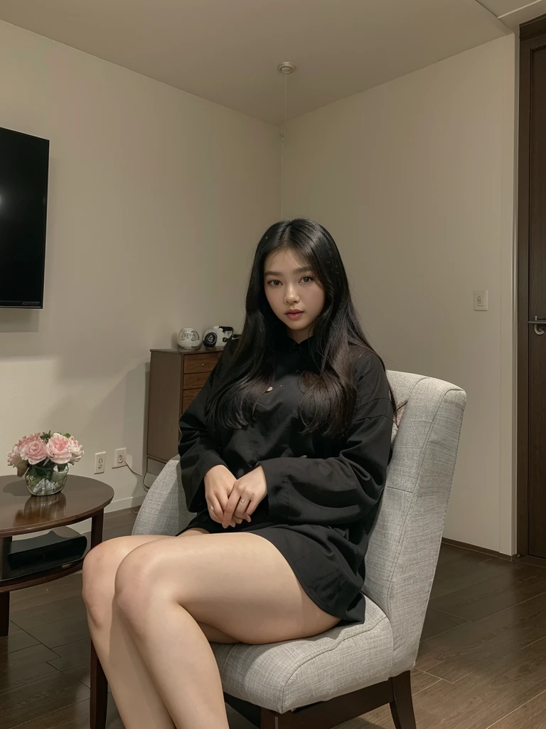 there is a woman sitting in a chair in a room, korean girl, sitting in a lounge, gorgeous young korean woman, beautiful south korean woman, taken in 2 0 2 0, 8k)), sakimichan, korean woman, gorgeous lady, ulzzang, black outfit, wearing in black clothes, with long hair, bbwchan, wearing black clothes