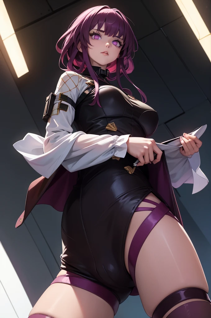 Masterpiece level, highest quality assurance, highlighting the image of 1 girl, official style, fantastic purple eyes and hair, elastic skin, moderate medium shot, looking directly at the audience, clear picture and vignetting effect, detailed and charming eyes (pureerosface_v1:0.5), extremely provocative action, intense star track background, bustling cross-legged, arrogant bangs, horror apocalyptic background, the same color of left and right eyes, (from below:1.5), (one girl:1.5)