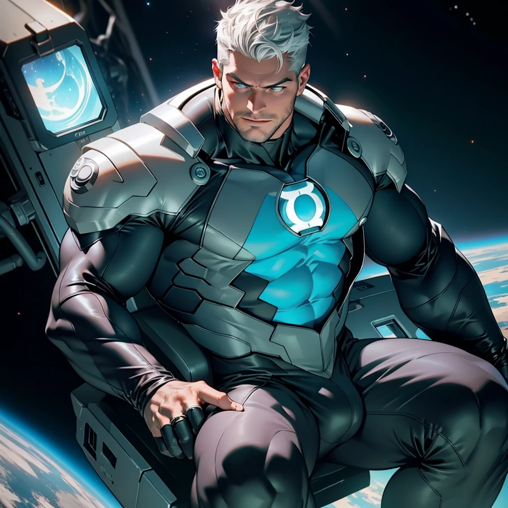 An award-winning original photo, A wild muscular man, (30 years old man:1.3), 1boy, Solo, (wearing a (silver lantern) metal suit), (glowing silver ring on a finger), spikes, neon stripes, white hair, (big shoulder), muscular, hunk, stubbles, Short beard, (Detailed face:1.3), (beautiful eyes:1.2), Dynamic Angle, volumetric lighting, (Best quality, A high resolution, Photorealistic), Cinematic lighting, Masterpiece, RAW photo, Intricate details, hdr, depth of field, knee-up shot, in space background, beautiful cosmos, energy strands around body, big bulge