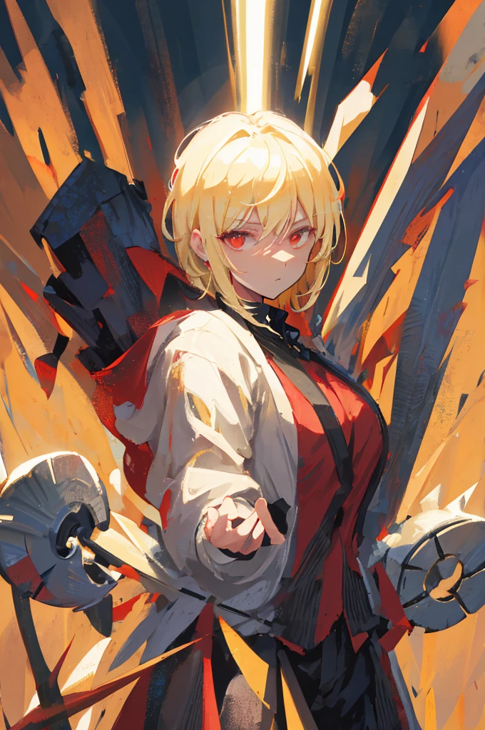 medieval male peasant, short hair, blonde hair, black sclera, red eyes, intimidating pose, face focus