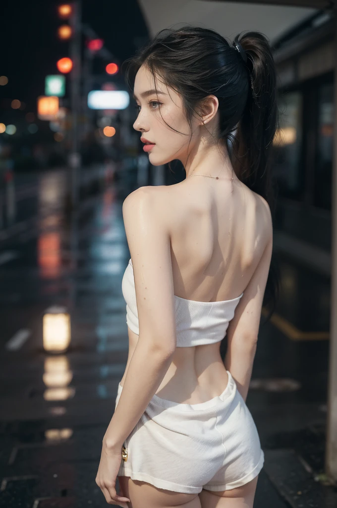 (((best quality))),(((ultra detailed))),(((masterpiece))),illustration,1girl, young,solo, slim,thin,short ponytail,((bare back,towering hips,butt crack)),strapless white tank top,shorts,standing,rainy night, heavy rain, drenched clothes, melancholy expression, solitude, tear rolling down cheek, wet hair, empty streets, dimly lit, deserted environment, sound of rain, footsteps, symbol of hope, abandoned, resilience, determination, walking in rain, heartbreak, loss, love fading, loneliness, body language, facial expression, dreary atmosphere, rain-soaked streets, somber mood, viewer engagement,((upper body,from back)),urban scape