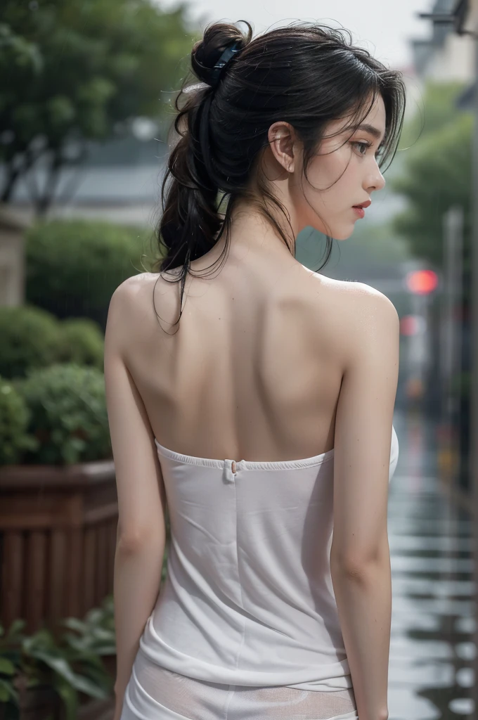 (((best quality))),(((ultra detailed))),(((masterpiece))),illustration,1girl, young,solo, slim,thin,short ponytail,((bare back,towering hips,butt crack)),strapless white tank top,shorts,standing,rainy night, heavy rain, drenched clothes, melancholy expression, solitude, tear rolling down cheek, wet hair, empty streets, dimly lit, deserted environment, sound of rain, footsteps, symbol of hope, abandoned, resilience, determination, walking in rain, heartbreak, loss, love fading, loneliness, body language, facial expression, dreary atmosphere, rain-soaked streets, somber mood, viewer engagement,((upper body,from back)),urban scape