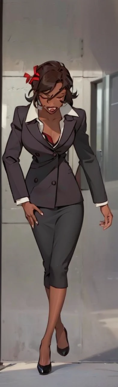 Black skinned business woman in a black pinstriped skirt suit