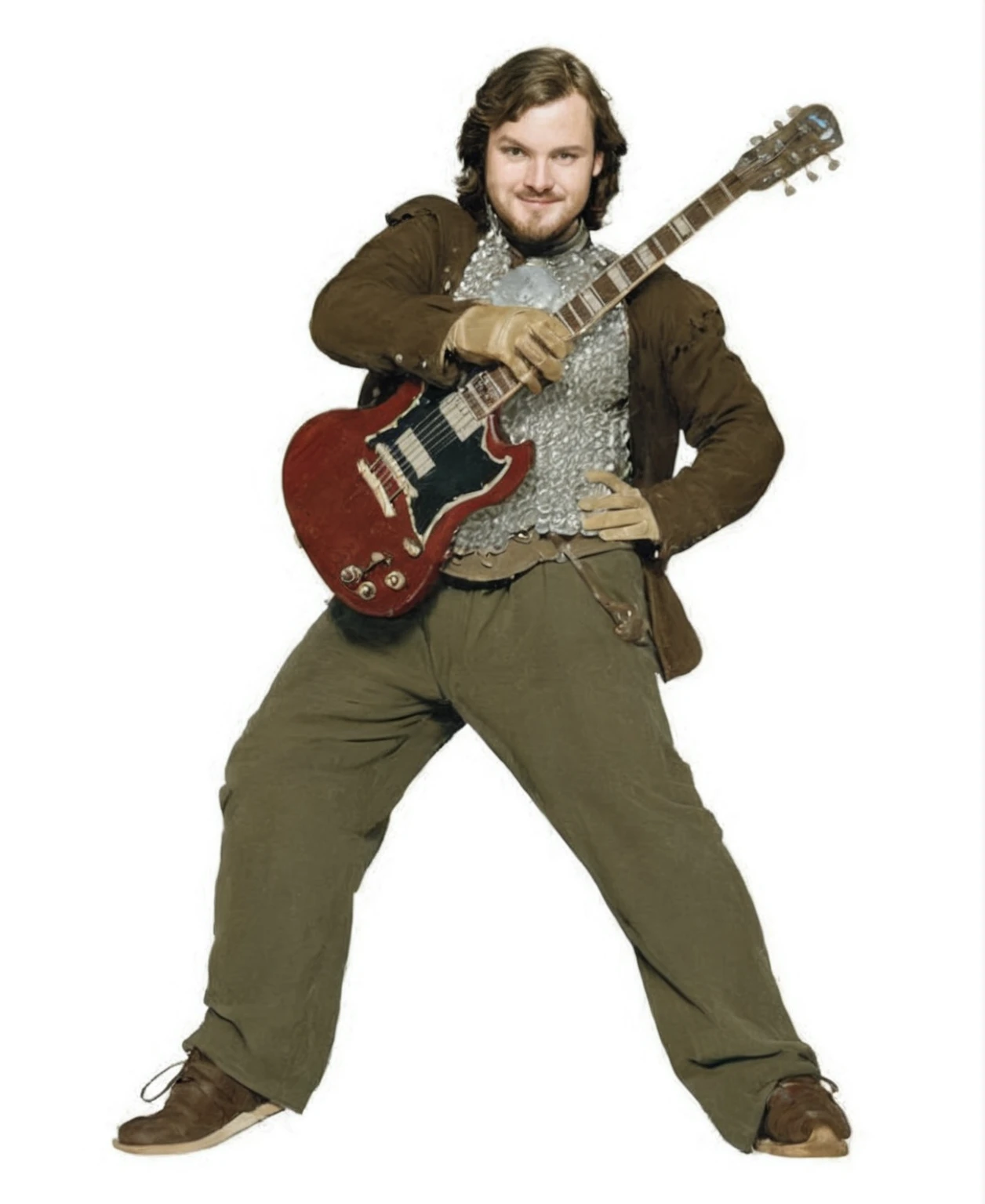 (work of art, maximum quality, best qualityer, offcial art, detailded:1.2), rocheW3, standing alone, gazing at viewer, ssmile, male focus, plein-air, sky, giorno, necklase, armors, Tree, facial hair, gram, instrument, Barba, Chain mail, lute (instrument), gloves fingerless