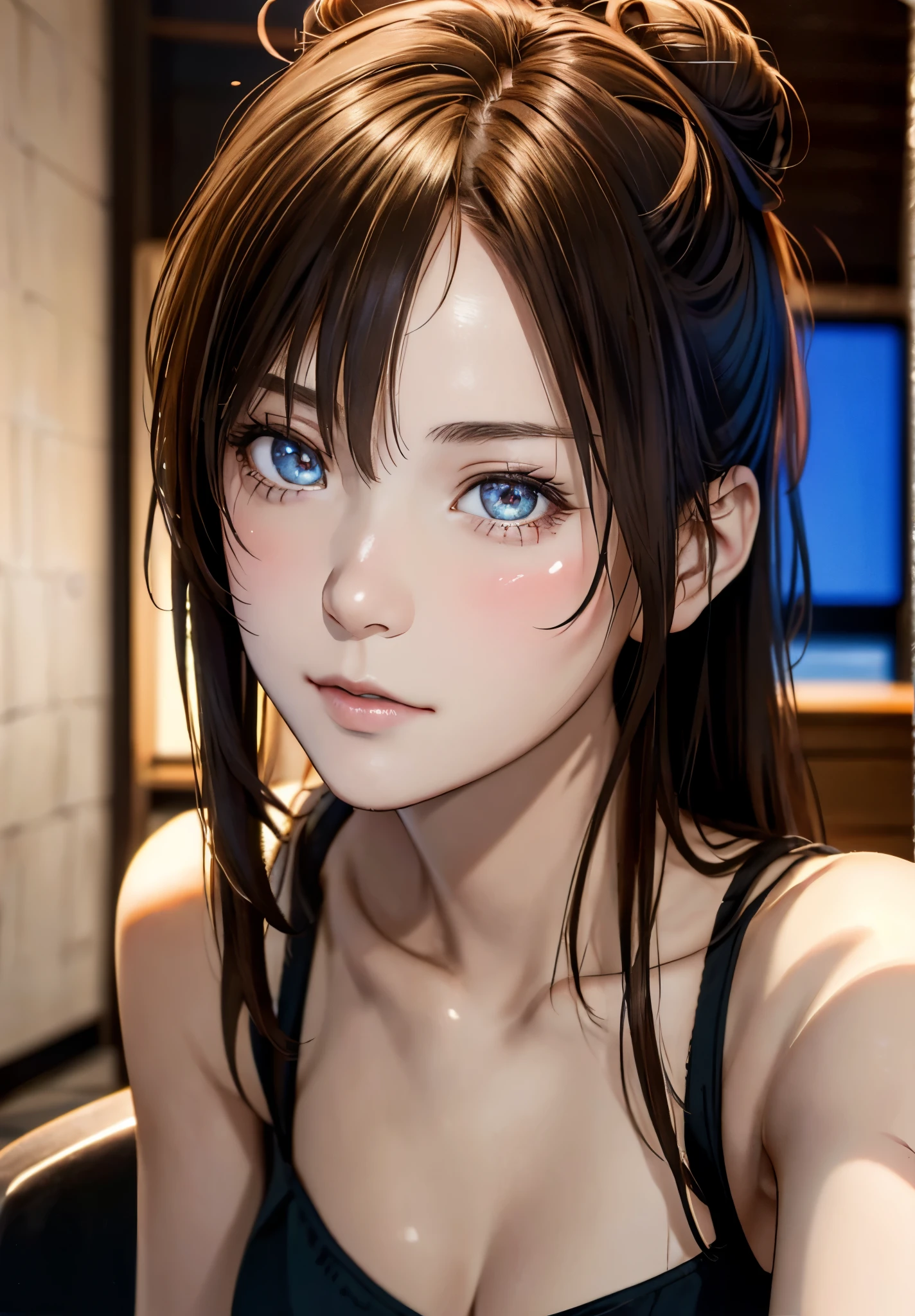 8K,Best Quality, masutepiece, 超A high resolution, (Photorealistic:1.4), Raw photo, (Authentic skin texture:1.3), (Film grain:1.3), (Selfie angle),1girl in, Bun hairstyle, Brown hair, Sitting, Chair, bored, Hand supporting chin, beautiful detailed eyes and face,masutepiece, Best Quality,close-up,upper bod,