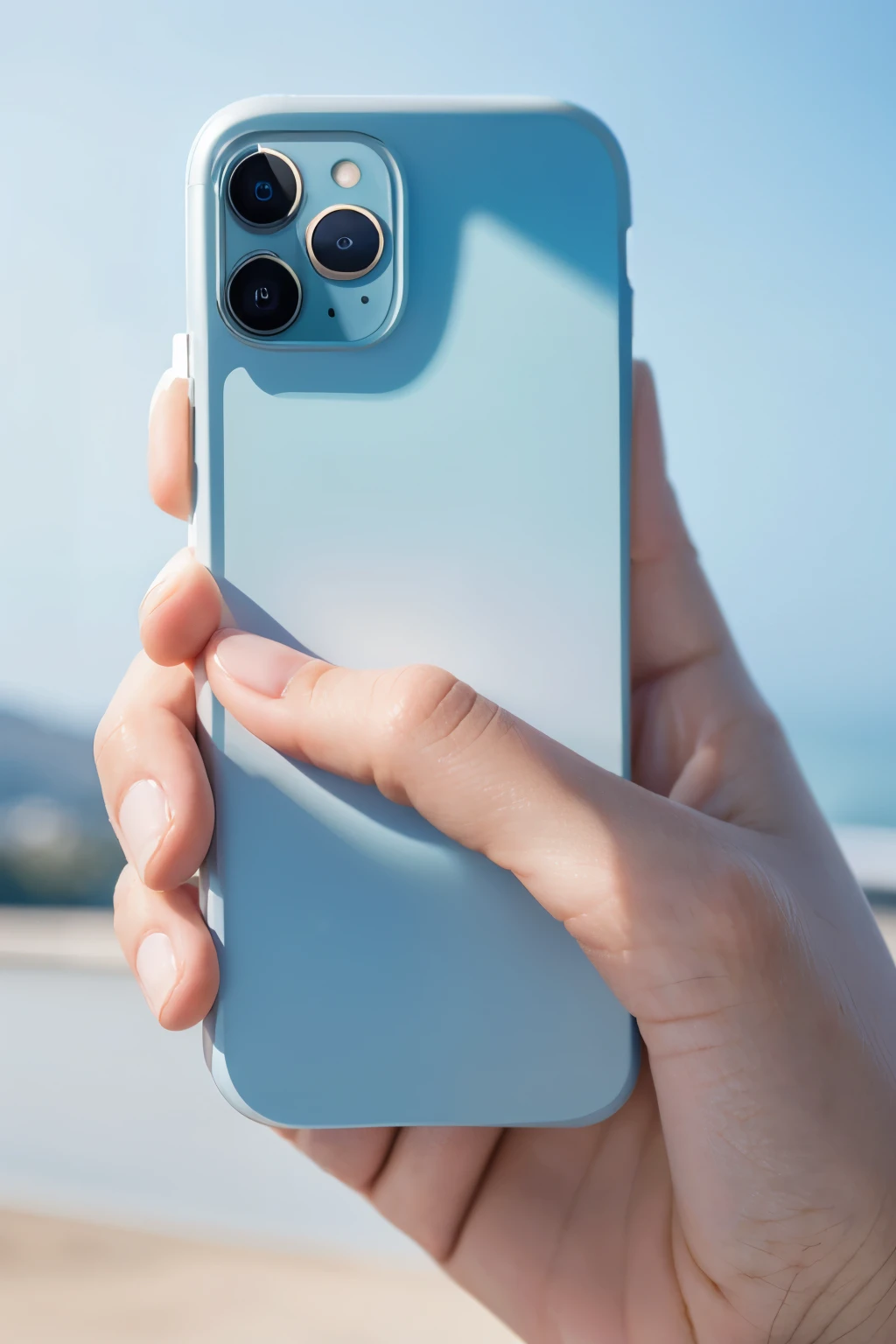 Beautiful hand holding an iPhone 15 case,Professional action,超级Clarity的毛孔,Delicate manicure;Morning light blue sky,Natural light,Close-ups,Super Detail,high quality,HD,Product commercial photography,Clarity,Fuji camera telephoto lens
