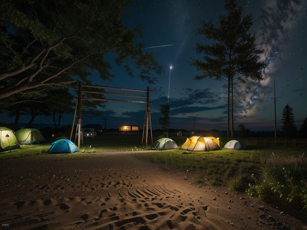 The sky is dotted with stars at night,Camping site in the woods, Trees wrapped with lights,Night view, Cyberpunk Lighting,Cyberpunk style, Campsite at night, Wide field of view, real,masterpiece,High Detail,high resolution,8K