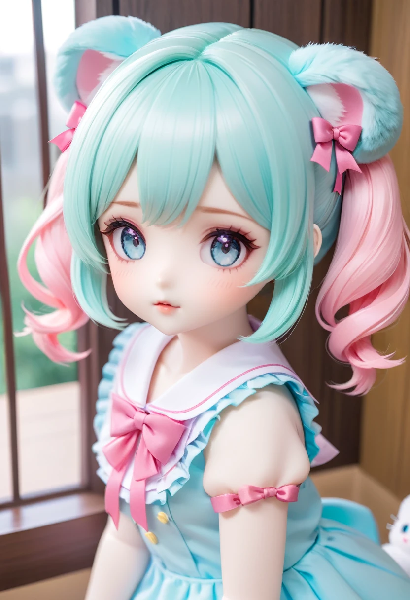 There is a girl Sd doll with a pink bow，bjd doll girl，Fake real person，Cute kawaii girl，Very pretty and cute，，Cute anime girl，Anime girls in real life，Kawaii Hairstyle，Anime girl with cat ears，Kawaii Hairstyle，Super realistic sweet bunny girl，Pink twin tails and cyan eyes，Kawaii realistic portrait，Anime Girl Cosplay，bjd baby face