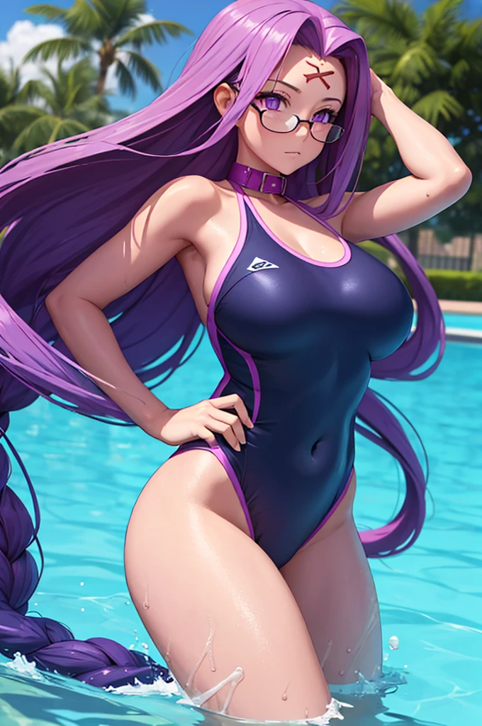 1girl, best quality, masterpiece, high resolution, solo, {blue school swimsuit:1.40}, {short school swimsuit:1.20}, {medusa_fgo:1.15}, long_hair, purple_hair, very_long_hair, purple_eyes, breasts, big_breasts, swimming pool, pool, de pie, school swimsuit.