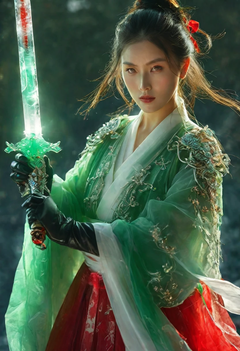 1beautiful girl (Supermodel),  Axisymmetric compositiotomically correct，solo，female swordman，Hold the hilt of a sword in your hand，Each hand holds a sword handle，ruby sword，jade sowrd,  blade glows，front view, close-up， ((Best quality)), ((Masterpiece)), ((Realistic))，UHD，