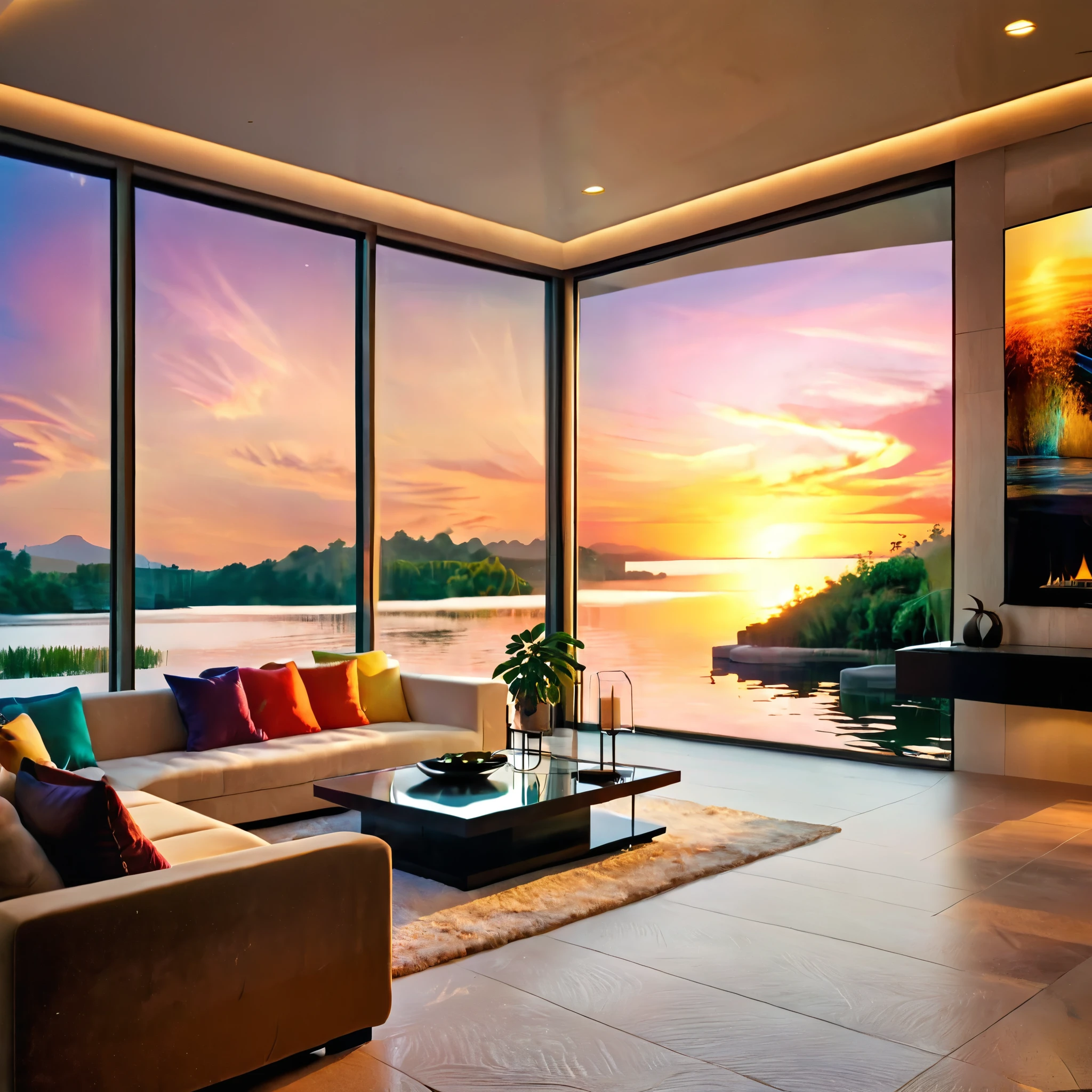 A luxurious and modern living room with a stunning sunset view over a serene lake. The room features floor-to-ceiling glass windows, allowing the vibrant colors of the sunset to flood the space. The interior includes a comfortable sectional sofa with plush cushions, a sleek coffee table, and minimalist decor. The room is illuminated by recessed lighting, creating a warm and inviting atmosphere. The design is enhanced by elegant indoor plants and soft, ambient lighting from lanterns placed strategically around the room