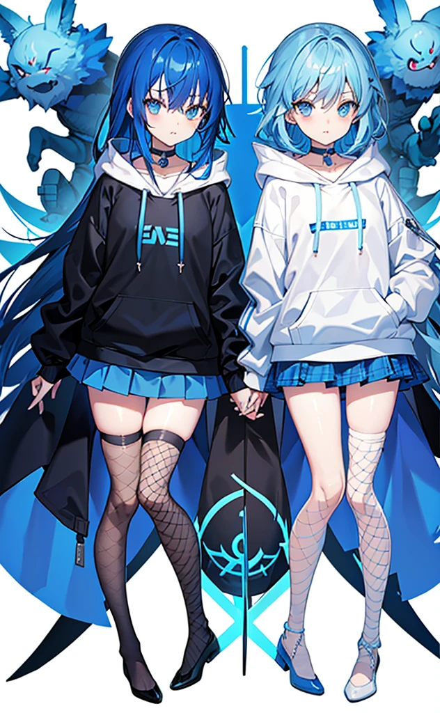 ,Blue Hair,Blue Eyes,hoodie,Blue skirt for lower body,Fishnet stockings,Technology,flat chest,whole body。White background。