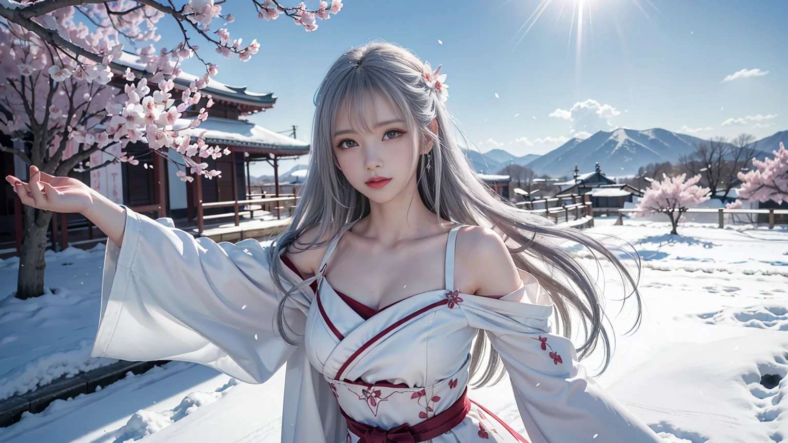 ((logo, masterpiece, 8K, table top, RAW photo, wonderful, 最high quality, Photorealistic and hvery detailed CG integrated 8K wallpaper, high quality, very detailed, Narrative poem, particle effects, dynamic effects, Depth of written boundary, cinematic light, Lens flare, ray tracing, anatomically accurate)), fantasy, 1 beautiful woman, ((white hair)), clear eyes, long hair, beautiful face, real face, Detailed and beautiful eyes, beautiful skin, ((dancing woman, Gracefully dancing woman, Dancing woman in a snowy landscape, violently dancing woman)), ((long hairがwindでなびく, long hairが跳ねる, long hairがwindで踊る)), hair jump, jewelry, beautiful eyes, white kimono, white obi, White cherry blossom embroidery pattern, silver earrings, Light is shining, ((cherry blossoms, cherry blossomsの木, cherry blossomsの花びらが舞う, cherry blossoms snowstorm, falling petals)), blue sky and white clouds background, Vast Wind Scenery, wind, grassland, Vast land in mythology, Spectacular view, Beautiful natural wind scenery, hair color is white, cherry blossomsの花びらが舞う, cherry blossomsの木