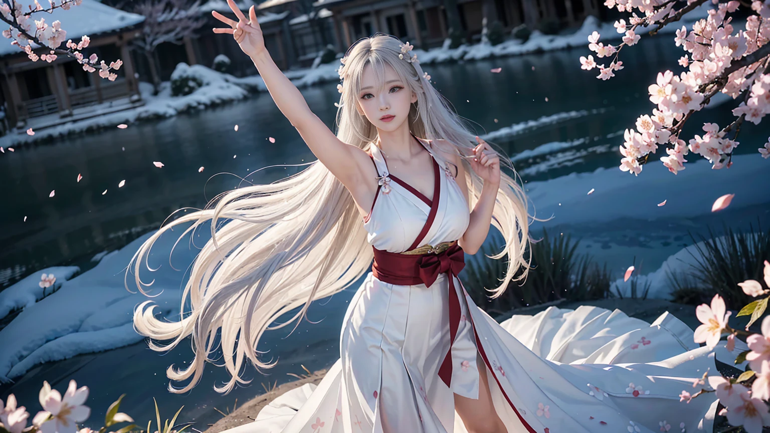((logo, masterpiece, 8K, table top, RAW photo, wonderful, 最high quality, Photorealistic and hvery detailed CG integrated 8K wallpaper, high quality, very detailed, Narrative poem, particle effects, dynamic effects, Depth of written boundary, cinematic light, Lens flare, ray tracing, anatomically accurate)), fantasy, 1 beautiful woman, ((white hair)), clear eyes, long hair, beautiful face, real face, Detailed and beautiful eyes, beautiful skin, ((dancing woman, Gracefully dancing woman, Dancing woman in a snowy landscape, violently dancing woman)), ((long hairがwindでなびく, long hairが跳ねる, long hairがwindで踊る)), hair jump, jewelry, beautiful eyes, white kimono, white obi, White cherry blossom embroidery pattern, silver earrings, Light is shining, ((cherry blossoms, cherry blossomsの木, cherry blossomsの花びらが舞う, cherry blossoms snowstorm, falling petals)), blue sky and white clouds background, Vast Wind Scenery, wind, grassland, Vast land in mythology, Spectacular view, Beautiful natural wind scenery, hair color is white, cherry blossomsの花びらが舞う, cherry blossomsの木