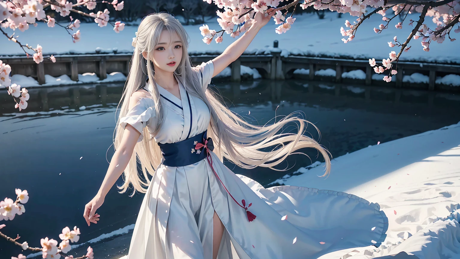 ((logo, masterpiece, 8K, table top, RAW photo, wonderful, 最high quality, Photorealistic and hvery detailed CG integrated 8K wallpaper, high quality, very detailed, Narrative poem, particle effects, dynamic effects, Depth of written boundary, cinematic light, Lens flare, ray tracing, anatomically accurate)), fantasy, 1 beautiful woman, ((white hair)), clear eyes, long hair, beautiful face, real face, Detailed and beautiful eyes, beautiful skin, ((dancing woman, Gracefully dancing woman, Dancing woman in a snowy landscape, violently dancing woman)), ((long hairがwindでなびく, long hairが跳ねる, long hairがwindで踊る)), hair jump, jewelry, beautiful eyes, white kimono, white obi, White cherry blossom embroidery pattern, silver earrings, Light is shining, ((cherry blossoms, cherry blossomsの木, cherry blossomsの花びらが舞う, cherry blossoms snowstorm, falling petals)), blue sky and white clouds background, Vast Wind Scenery, wind, grassland, Vast land in mythology, Spectacular view, Beautiful natural wind scenery, hair color is white, cherry blossomsの花びらが舞う, cherry blossomsの木