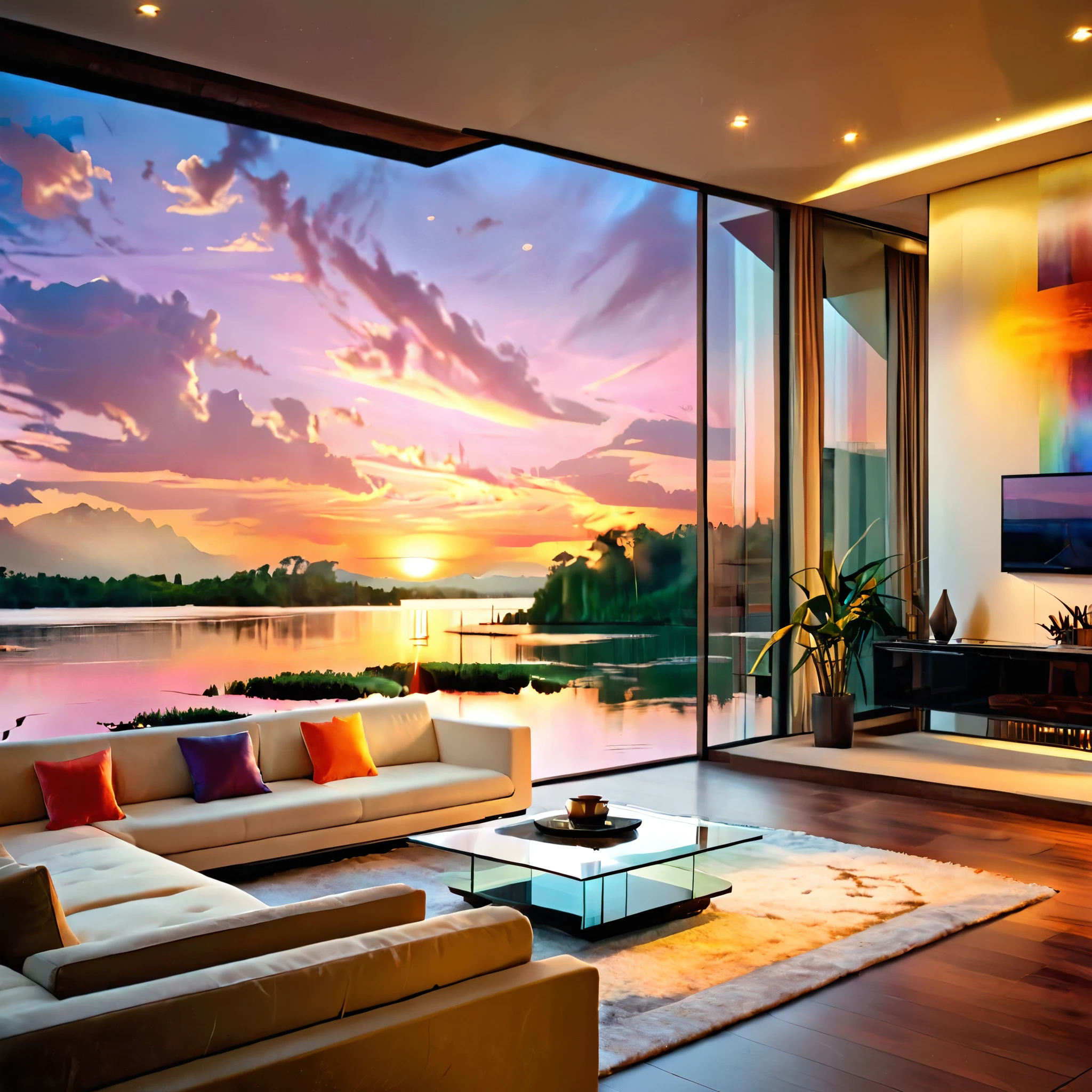 A luxurious and modern living room with a stunning sunset view over a serene lake. The room features floor-to-ceiling glass windows, allowing the vibrant colors of the sunset to flood the space. The interior includes a comfortable sectional sofa with plush cushions, a sleek coffee table, and minimalist decor. The room is illuminated by recessed lighting, creating a warm and inviting atmosphere. The design is enhanced by elegant indoor plants and soft, ambient lighting from lanterns placed strategically around the room