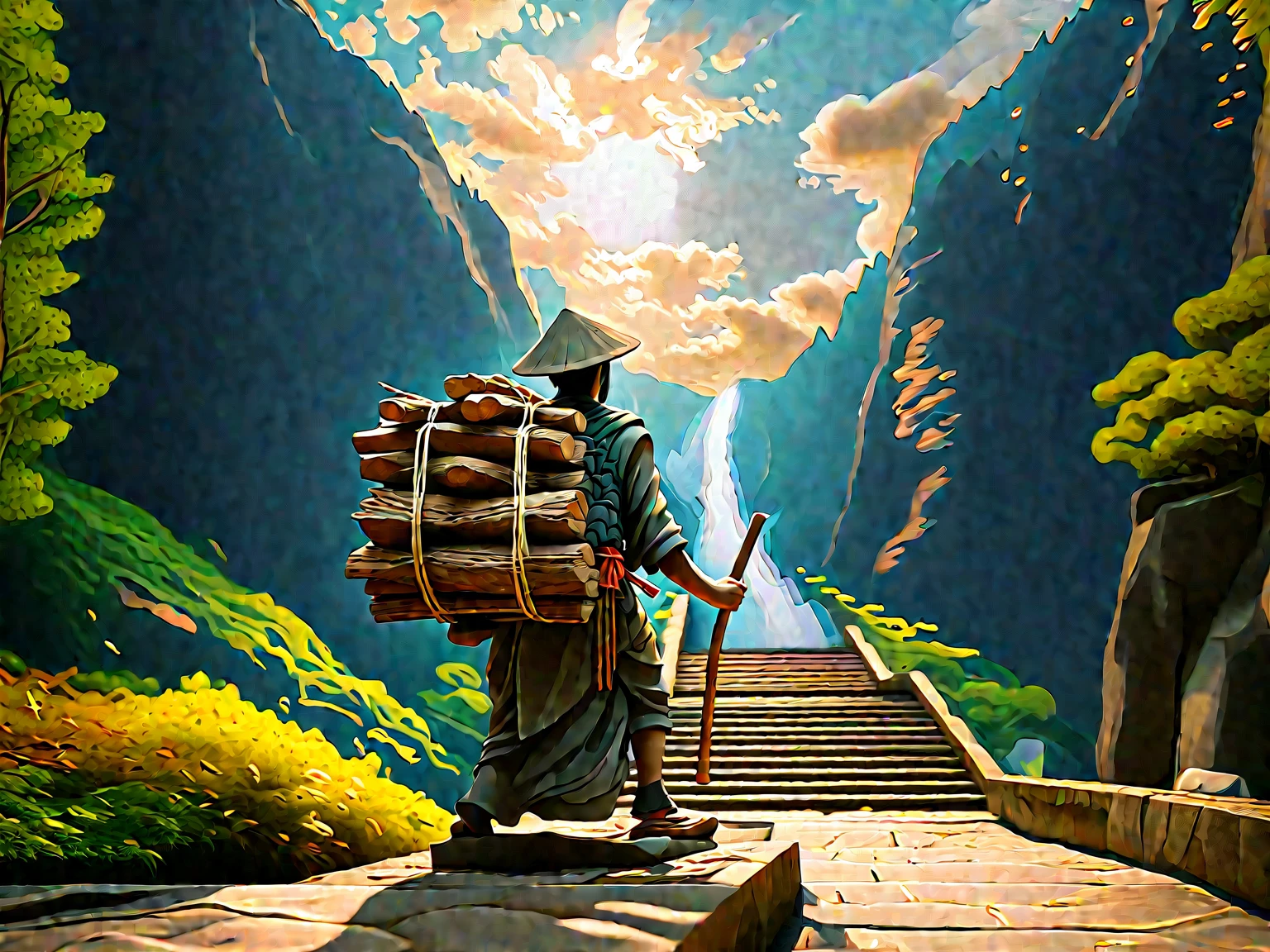 A stone statue of a Japanese man wearing a hat, carrying a stone firewood on his back, and holding a cane in his right hand. Mountain path stairs, 4k masterpiece, best quality, (High definition CG Unity 8k wallpaper), (best quality), (best illustration), (best shadow), incredibly realistic lighting, (abyss), beautiful glow, art by Peter Maubacher,