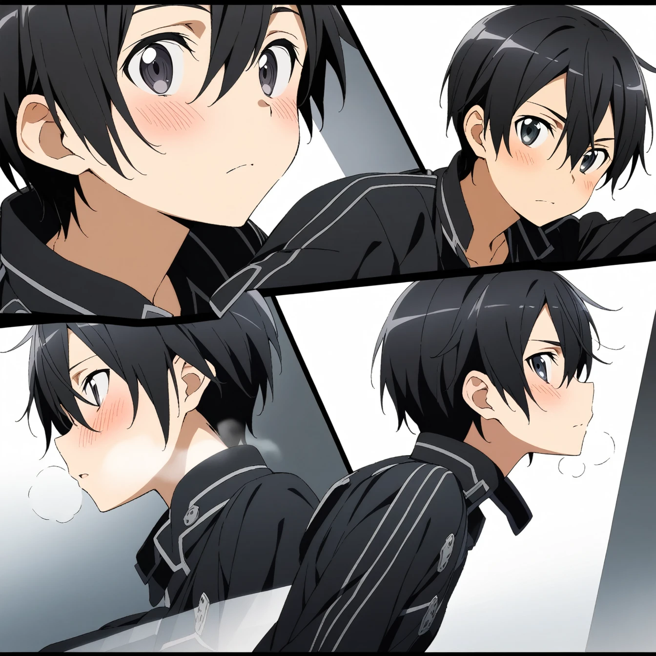 1 boy, Kirigaya Kazuto,kirito,Kirito,Sword Art Online,alone, viewer, pure white background, blush, black eyes,eyes glow, breathing, avatar, half body, comic style colorless, angle, masterpiece, best quality,black clothing,
