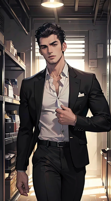 (best quality, masterpiece, 8K, photorealistic, cinematic lighting, hdr image, ultra detailed, beautiful image), a mature man, very handsome, serious, short black hair, black eyes, perfect face without errors, ((buttoning the jacket, CEO))