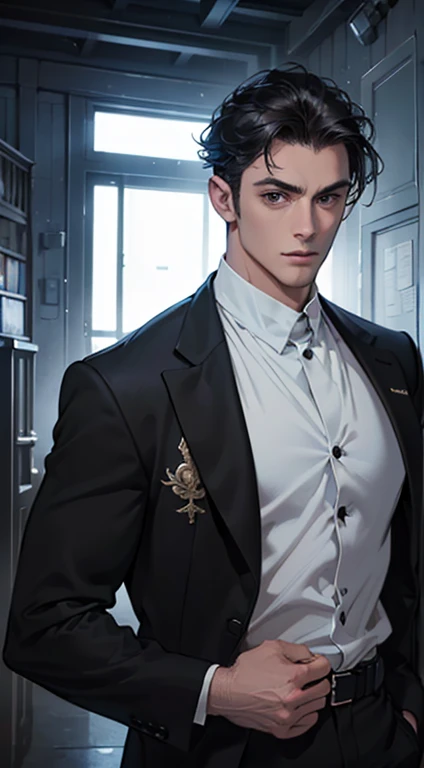 (best quality, masterpiece, 8K, photorealistic, cinematic lighting, hdr image, ultra detailed, beautiful image), a mature man, very handsome, serious, short black hair, black eyes, perfect face without errors, ((buttoning the jacket, CEO))