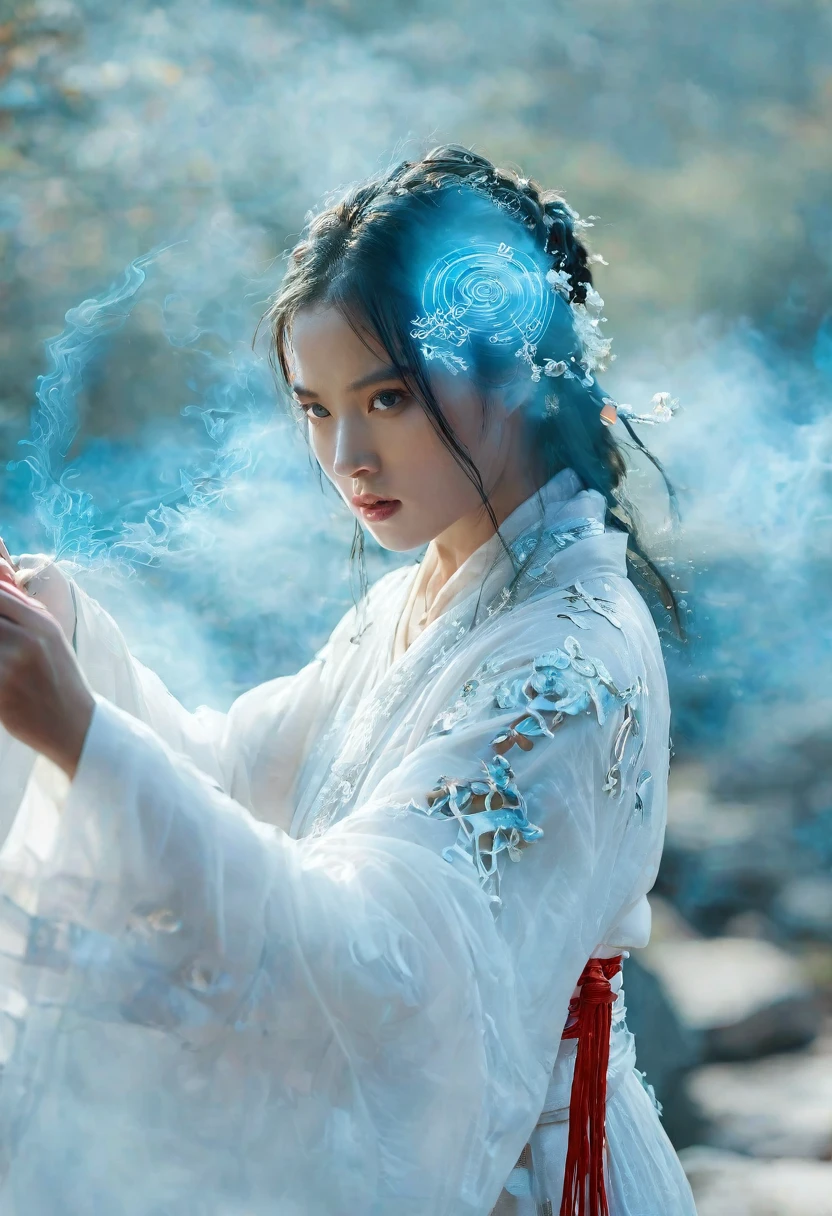 uhd, epic, cinematic still frame, sharp focus, craft a hyper realistic photo of most attractive and beautiful Wuxia girl (supermodel), (beautiful face)、(((1 juvenile，full bodyesbian，tear-mole:)))full bodyesbian，Sharp eyes，Clear facial features，wearing a lace hanfu，White robe，Fighting，Strong dynamic posture，The body is surrounded by blue mist，Runes surround you，tai chi martial arts action，Holographic reality，holographic halo，dynamic blur，Game lighting effects，rim-light，Soft light，cinematic rim light，The light is delicate, Qi explosion, 