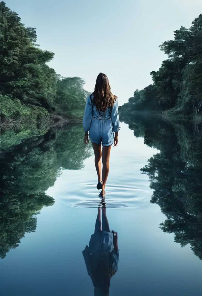 Overall image: The horizon in the center of the screen. The girl is walking towards the horizon. Her figure is reflected symmetrically on the water's surface. Oil painting style. The girl is in her late teens to early twenties. She is wearing a one-piece dress.、skirt、Or, for example, in a yukata, long hair、The expression of the flowers fluttering in the wind is calm.、A slightly melancholic atmosphere A bouquet of flowers is being held in the hand A horizon A sunrise or sunset sky The boundary between the sea and the sky is blurred A calm and serene water surface with a few floating clouds The girl's figure is reflected like a mirror Ripples are spreading on the water surface It would be good to have mountains or forests in the background Overall soft colors、Use light and shadow effectively to create a gentle atmosphere、Add depth
