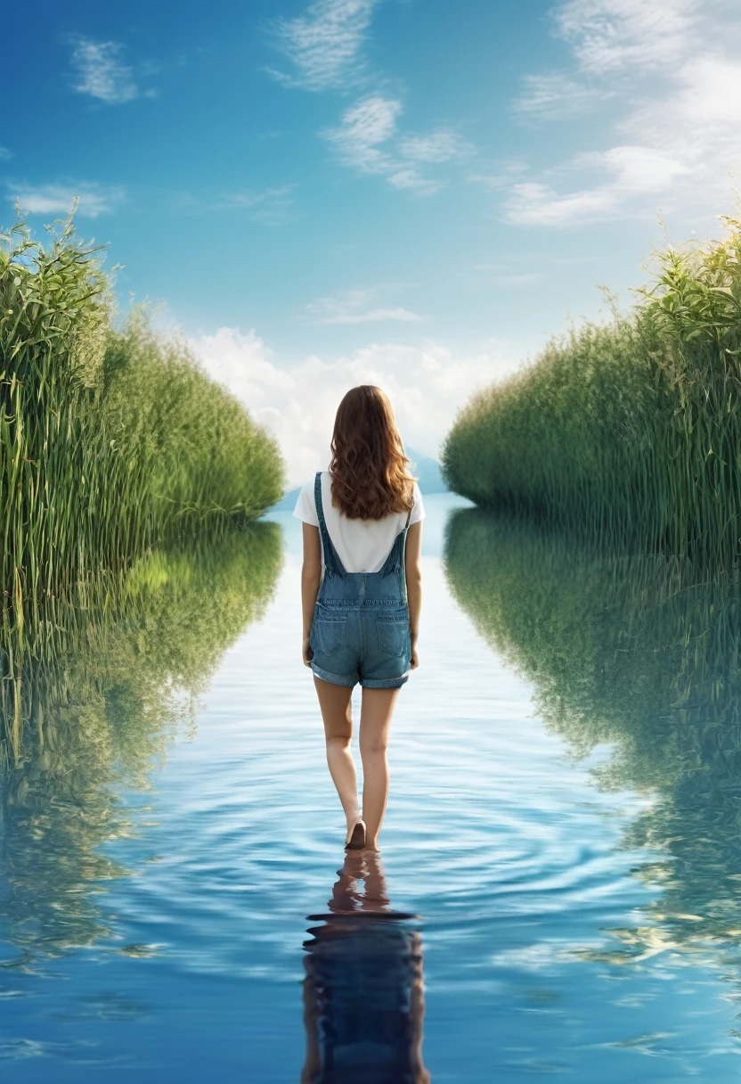 Overall image: Horizon in the center of the screen. girl is walking from left to right. Her image is reflected symmetrically on the water&#39;s surface.. Oil painting style. girl is in her early teens. She wears a dress.、skirt hair long、The flowers swaying in the wind have a gentle expression.、A bit of a depressing mood. A bouquet is held in her hand. The horizon is the sky at sunrise or sunset. The boundary between the sea and the sky is unclear. Some clouds floating on the water. The Uyuni Salt Flats are quiet and calm. girl&#39;The image is reflected like a mirror. Ripples spread across the water surface. There are no mountains or forests in the background. The overall color tone is soft..、Use light and shadow effectively、Creates a gentle atmosphere、Add depth